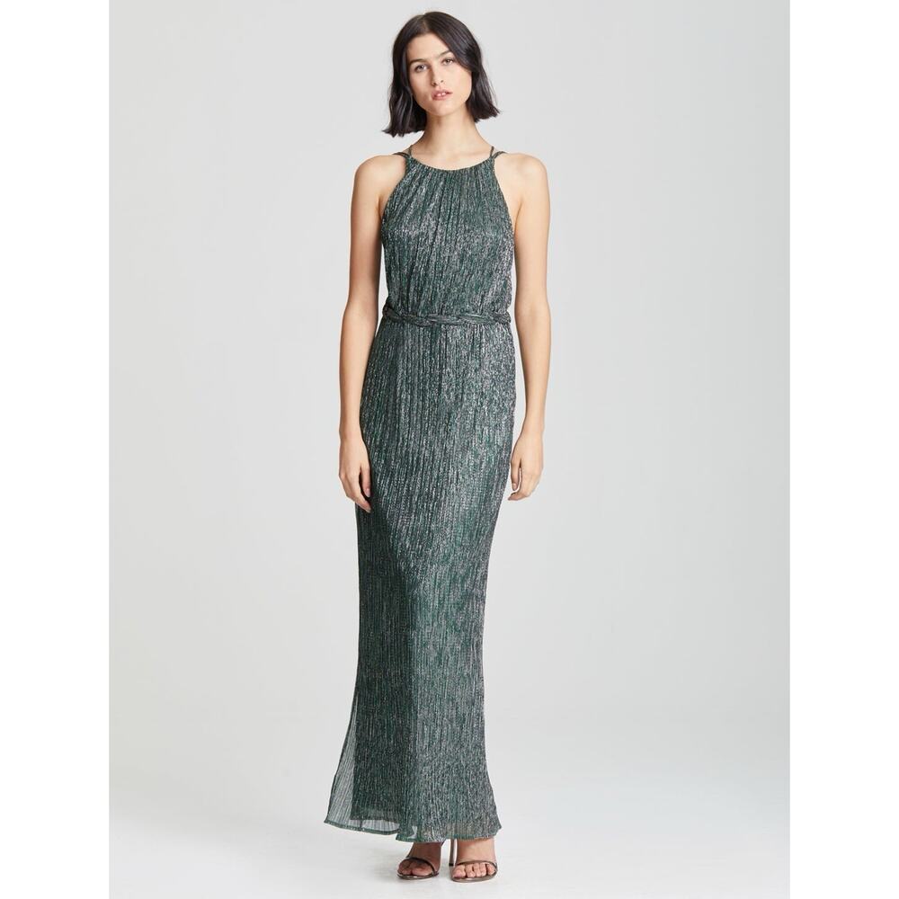 HALSTON Metallic Dress Women's Size 8 Green Shimmer Braided Waist Cross Back